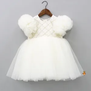 Pre Order: Checks Embroidered Yoke Off White Dress With Back Sequined Bow