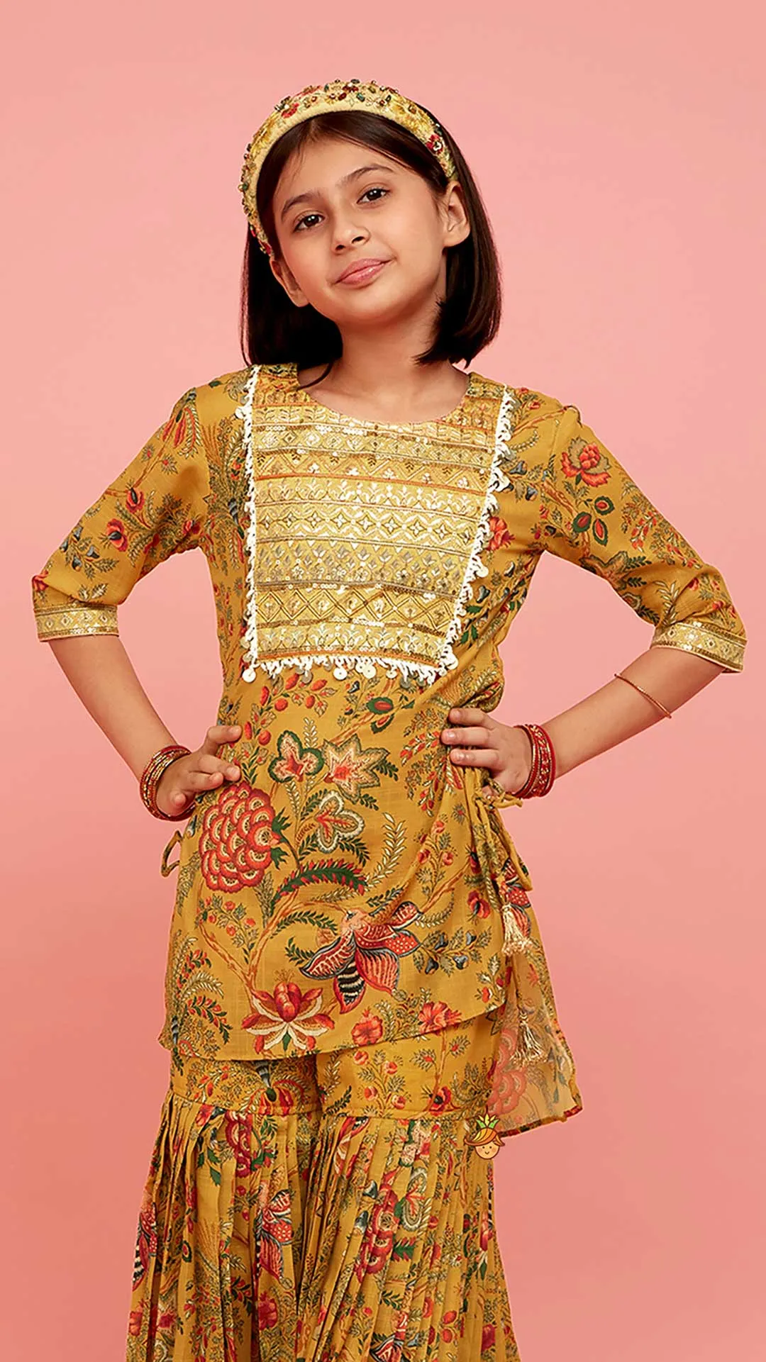 Pre Order: Intricate Yoke Gota Embroidered Mustard Printed Kurti And Pleated Sharara With Organza Sequined Dupatta