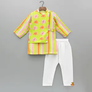 Pre Order: Multicoloured Striped And Floral Printed Flap Kurta With Pyjama