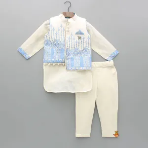 Pre Order: Off White Kurta With Embroidered Stylish Jacket And Pyjama