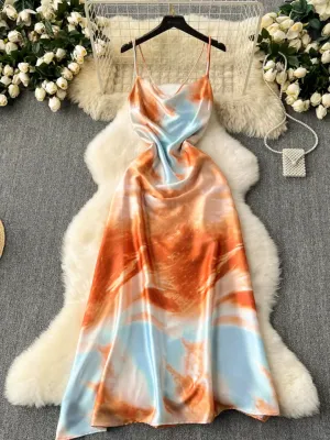 Pre Order:  Orange Tie-Dye Cross Backless Side Zipper Midi Dress