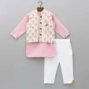 Pre Order: Pink Kurta And Pyjama With Floral Printed Jacket