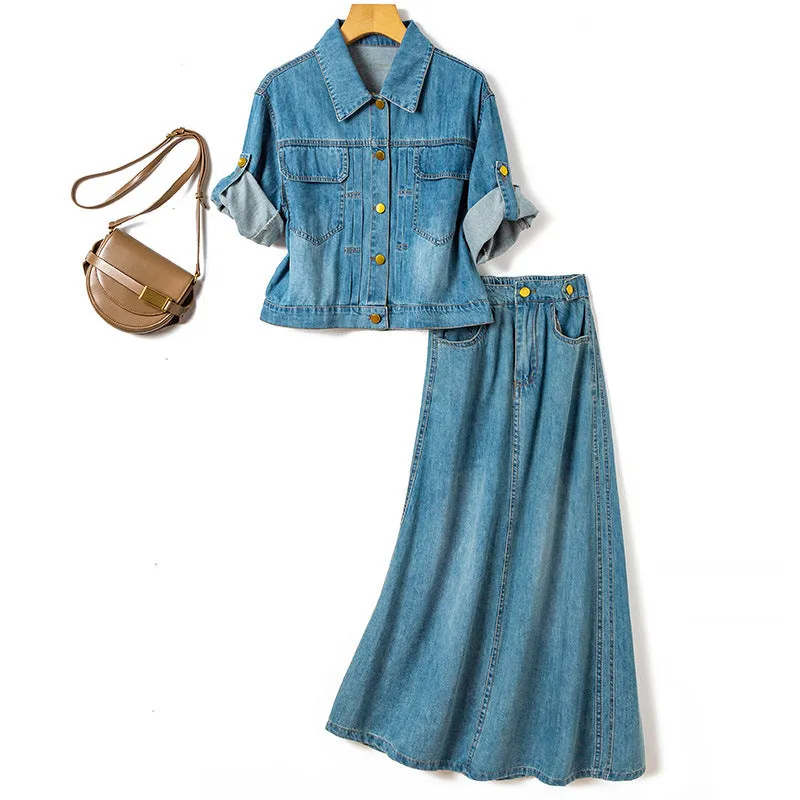 Pre Order: Pocket Single Breasted Denim Shirt   A-Line Denim Skirt Set