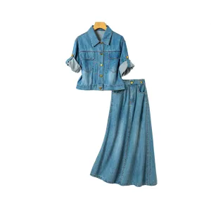 Pre Order: Pocket Single Breasted Denim Shirt   A-Line Denim Skirt Set