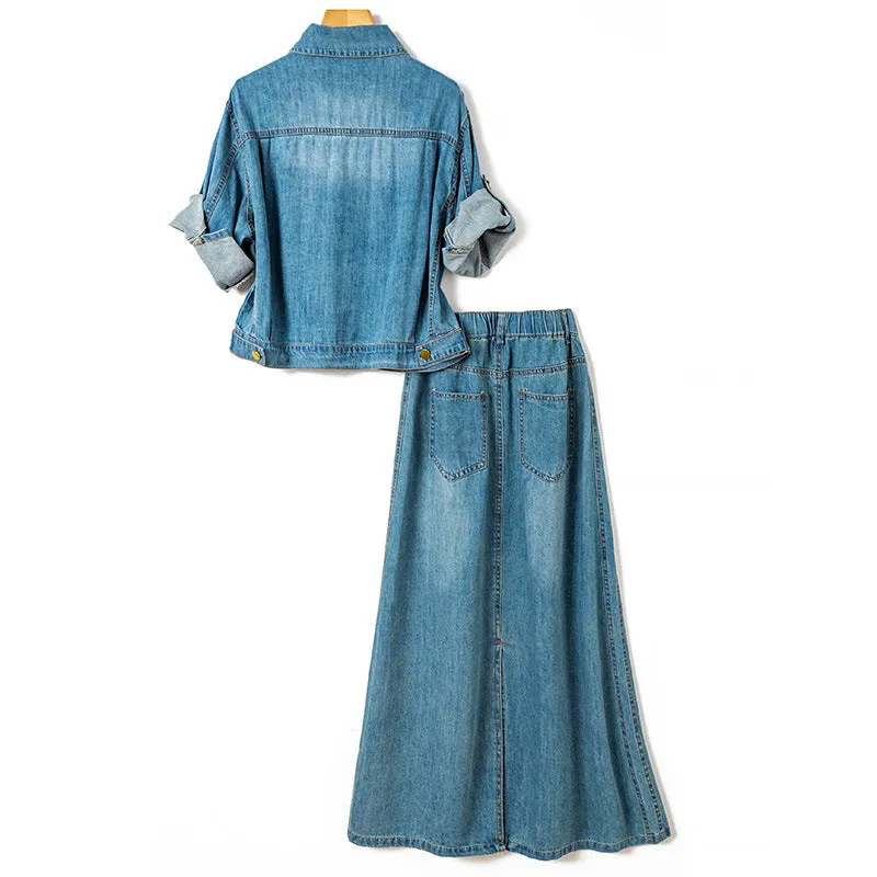 Pre Order: Pocket Single Breasted Denim Shirt   A-Line Denim Skirt Set