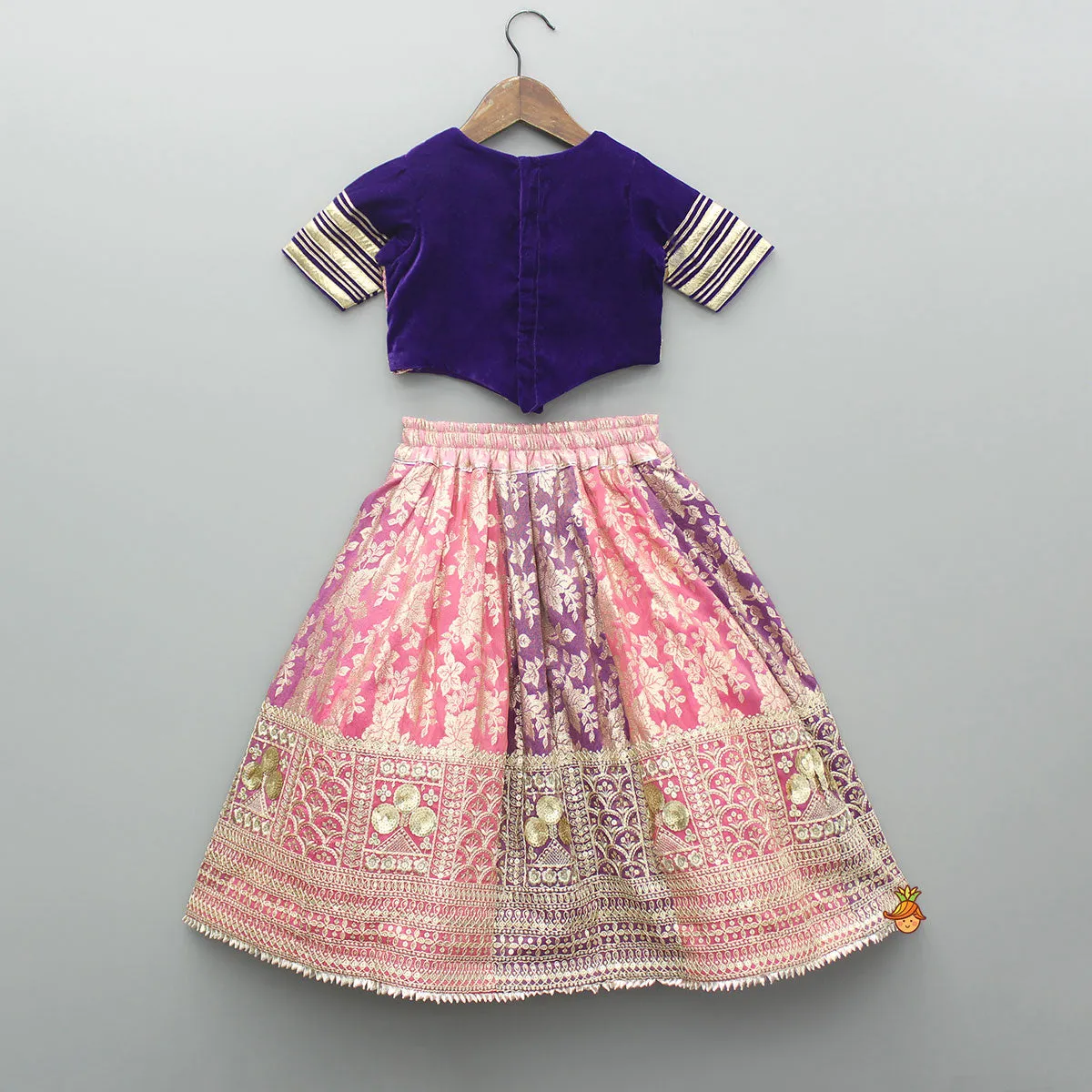 Pre Order: Purple Gota Work Top And Dual Tone Embroidered Lehenga With Dupatta