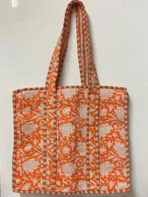 PRE ORDER -  Quilted Cotton Tote Bag- Orange and White