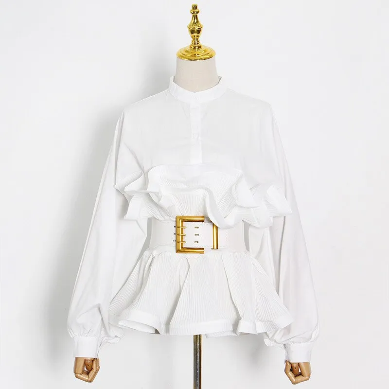 Pre Order:  Ruffle Pleated Long Sleeve Belt Blouse