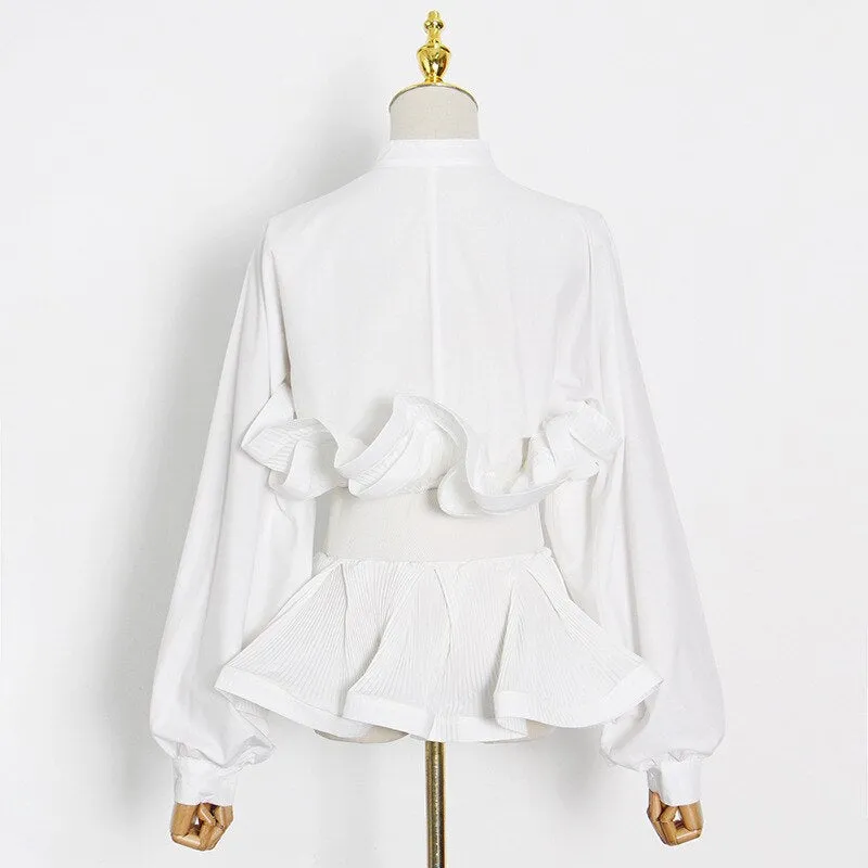 Pre Order:  Ruffle Pleated Long Sleeve Belt Blouse