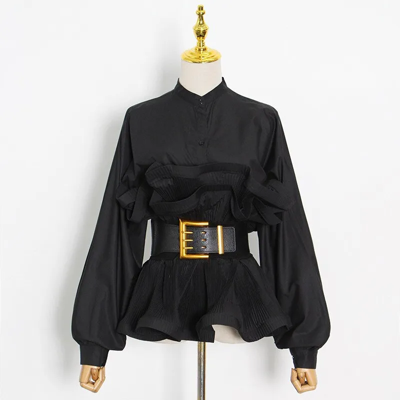 Pre Order:  Ruffle Pleated Long Sleeve Belt Blouse