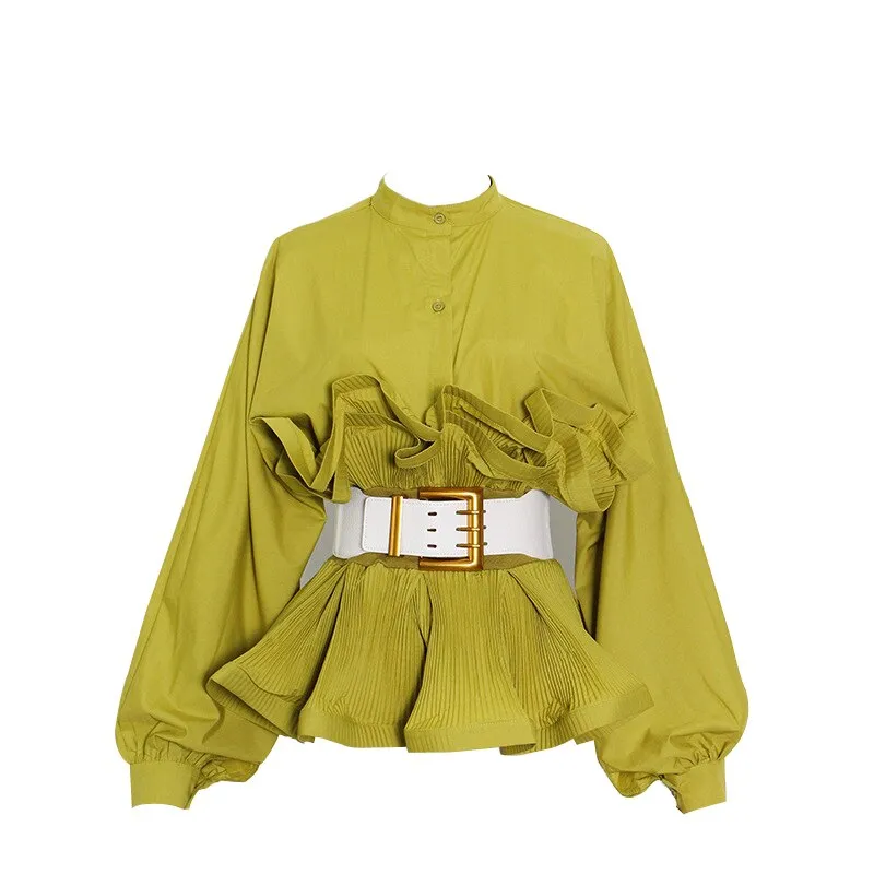 Pre Order:  Ruffle Pleated Long Sleeve Belt Blouse