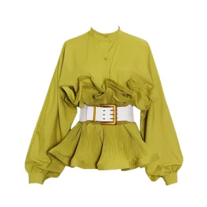 Pre Order:  Ruffle Pleated Long Sleeve Belt Blouse