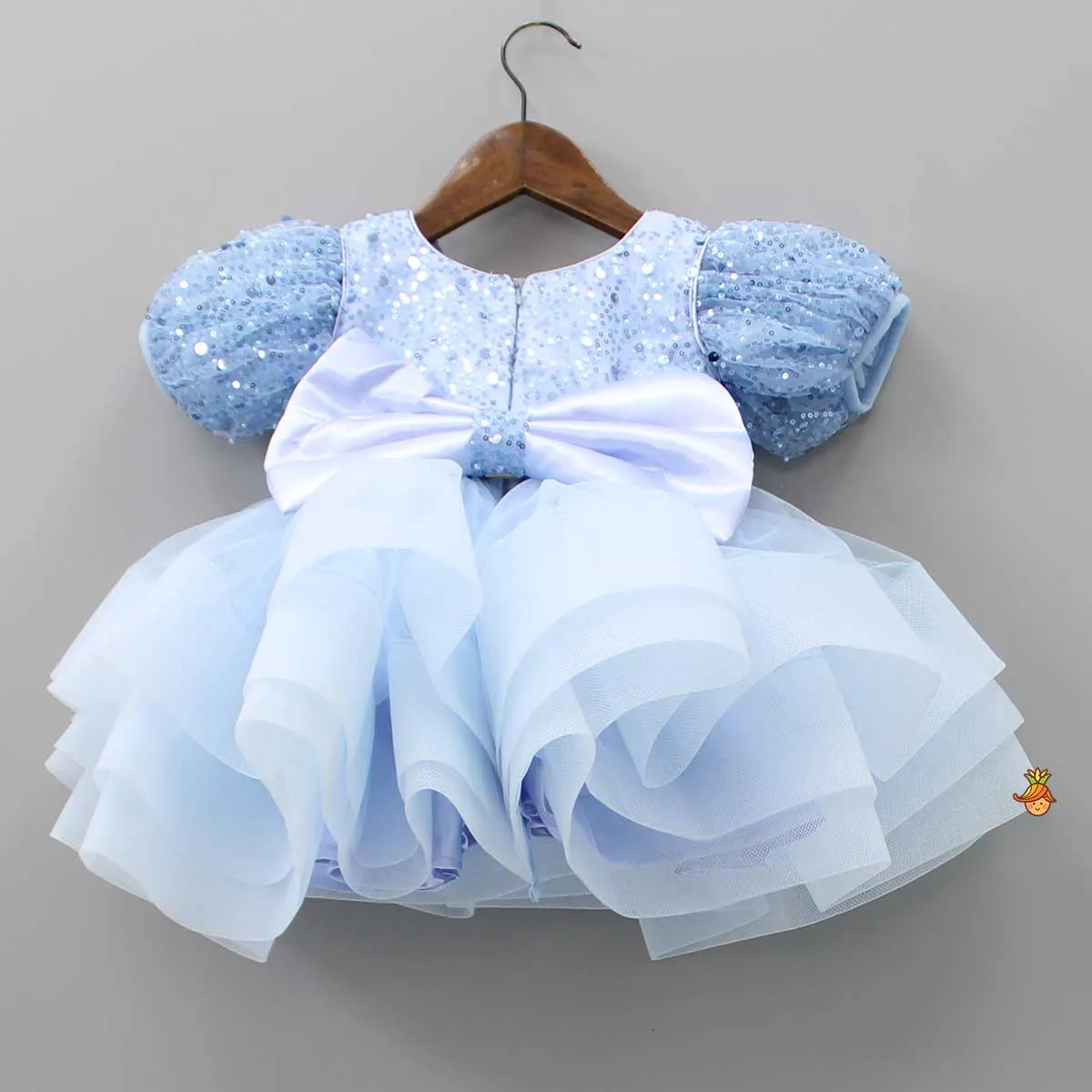 Pre Order: Sequined Blue Puff Sleeves Ruffle Dress With Bowie Head Band