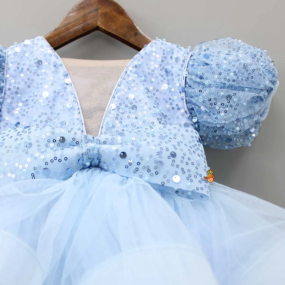 Pre Order: Sequined Blue Puff Sleeves Ruffle Dress With Bowie Head Band