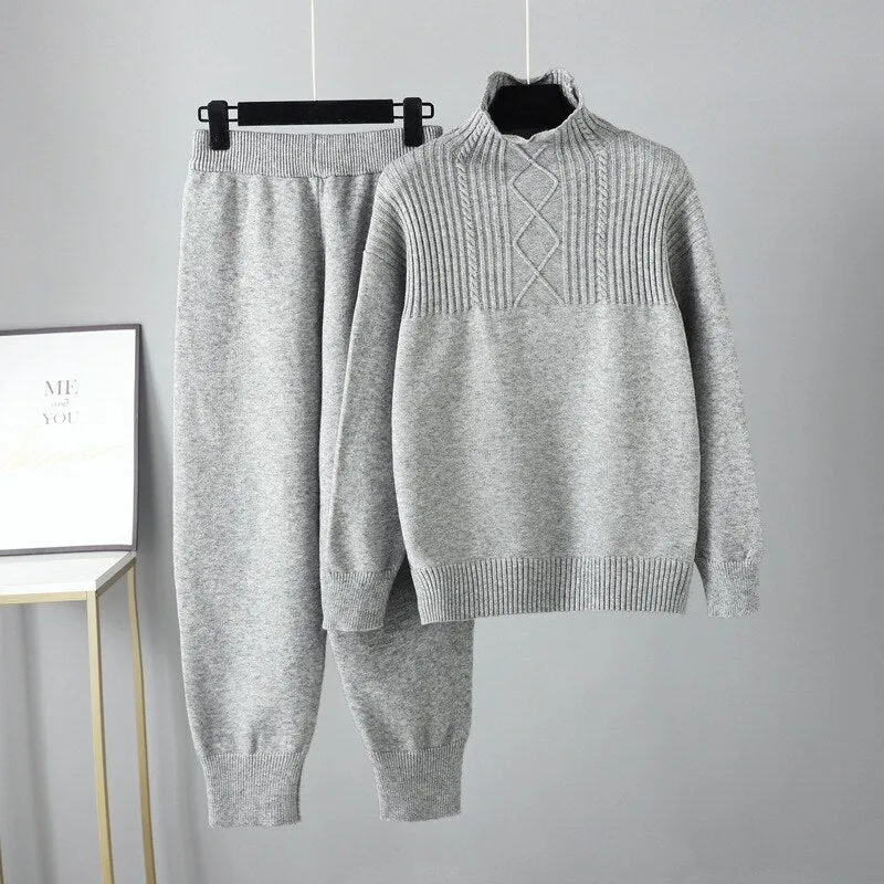 Pre Order:  Solid Long Sleeve Knit Sweater   Loose Pants Set