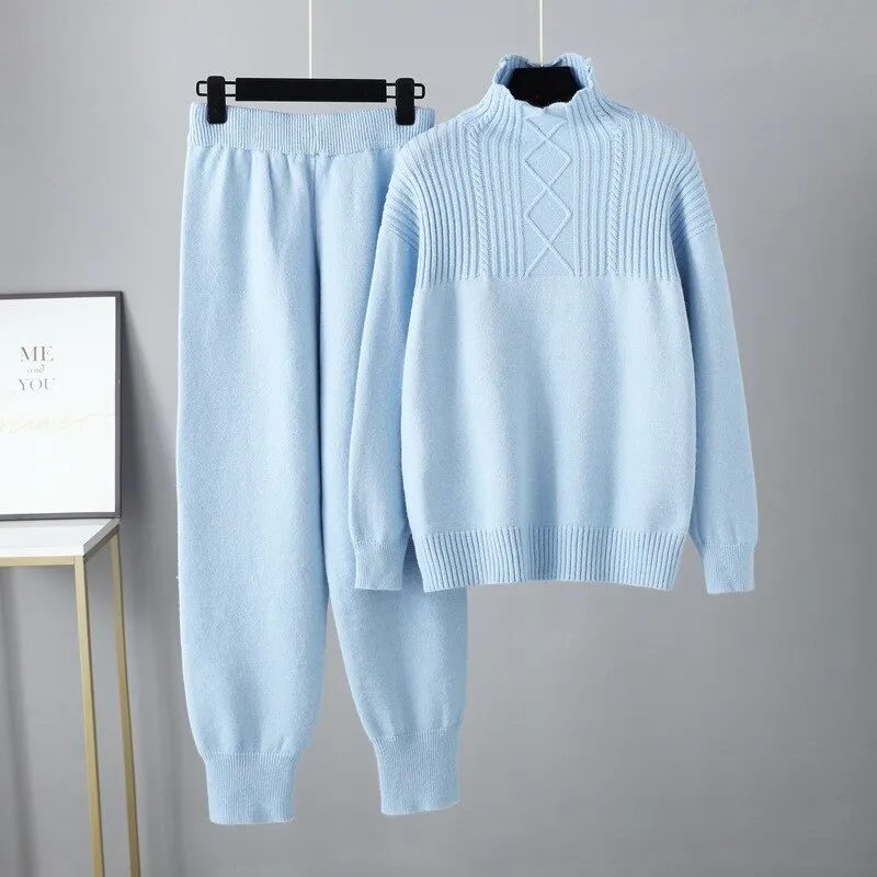 Pre Order:  Solid Long Sleeve Knit Sweater   Loose Pants Set