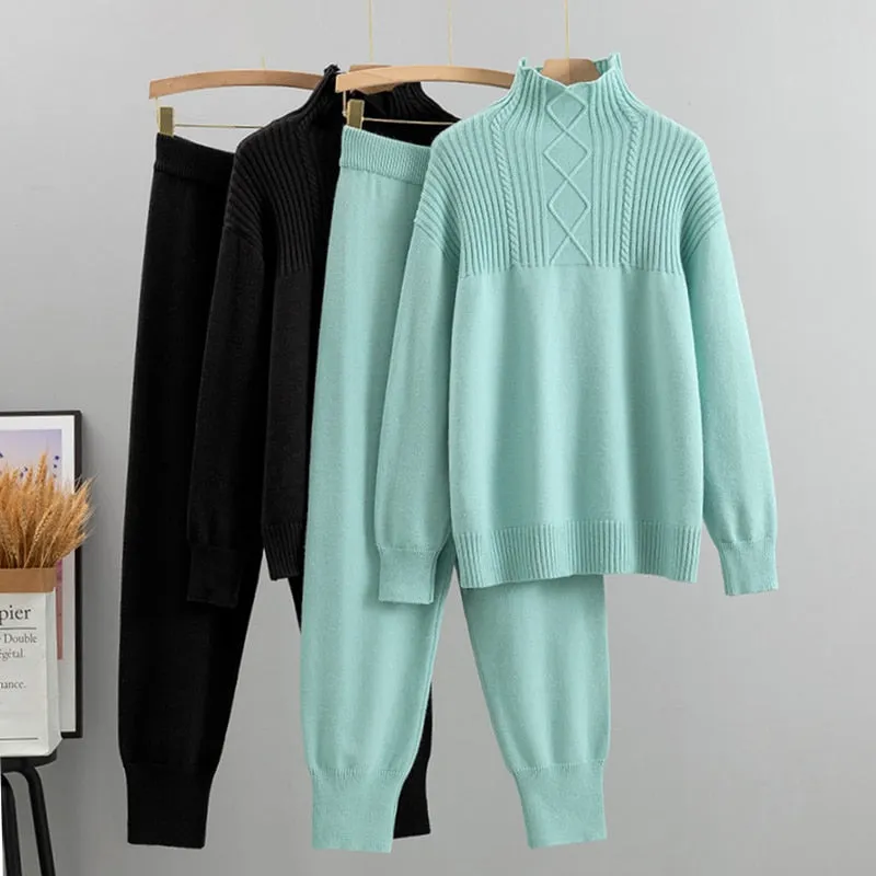 Pre Order:  Solid Long Sleeve Knit Sweater   Loose Pants Set