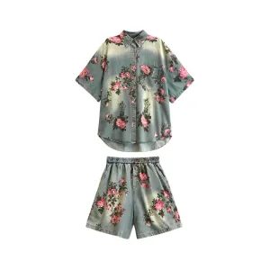 Pre Order: Vintage Floral Shirt   Elastic Waist Shorts Set