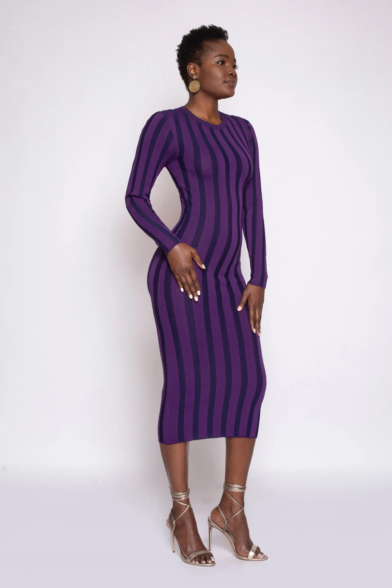 PRE-ORDER: Violet & Navy Stripe Bodycon Rib-Knit Dress