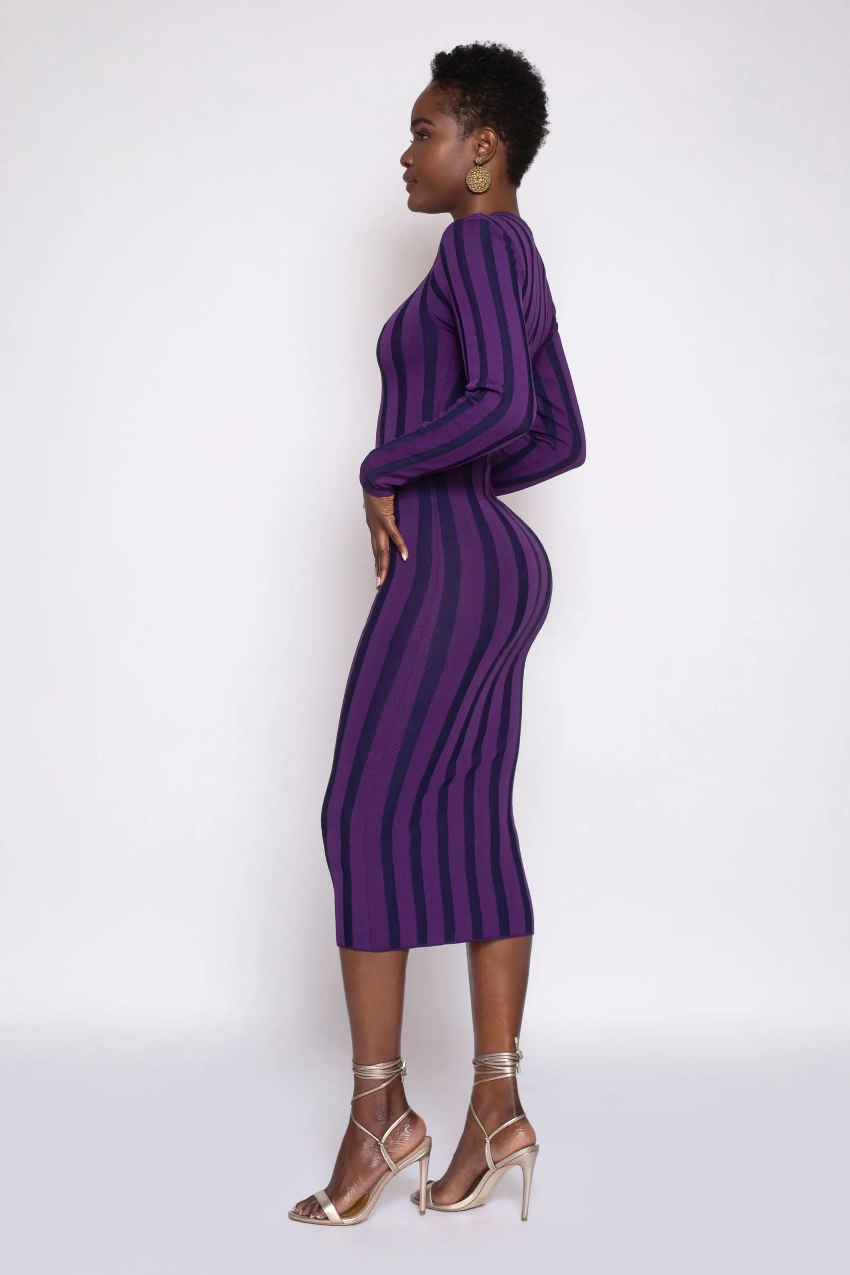 PRE-ORDER: Violet & Navy Stripe Bodycon Rib-Knit Dress