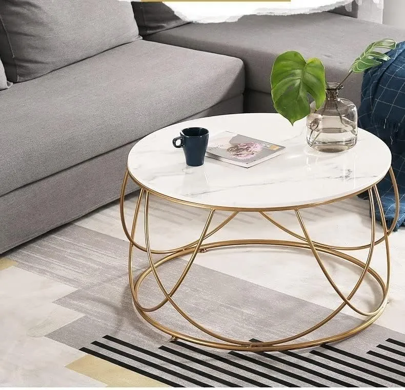 PREDELLA Round Coffee Table, Modern Coffee Table for Living Room, Tea, Coffee Tables Wooden Tabletop,Center Table,Durable Wood Faux Marble Top with Metal Legs (White)