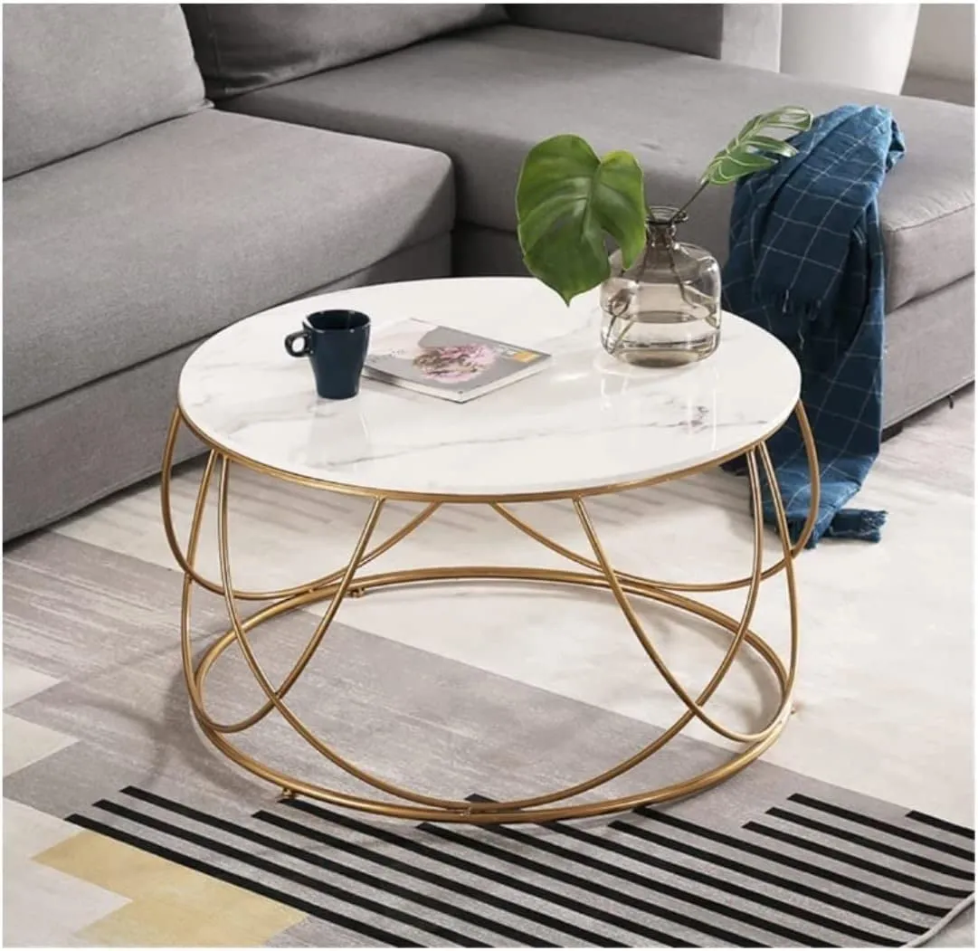 PREDELLA Round Coffee Table, Modern Coffee Table for Living Room, Tea, Coffee Tables Wooden Tabletop,Center Table,Durable Wood Faux Marble Top with Metal Legs (White)