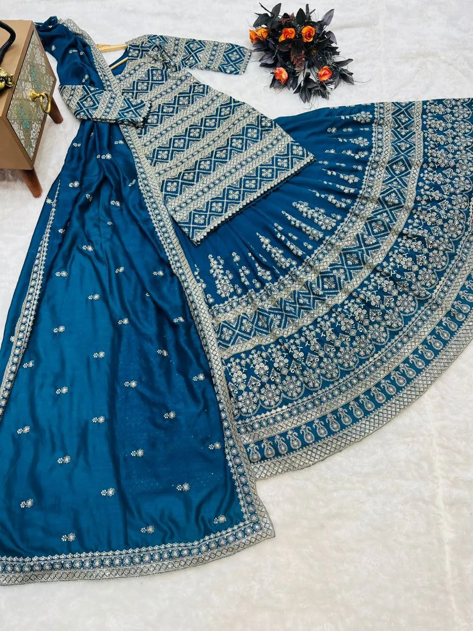 Preferable Teal Blue Color Sequence Embroidered Lehenga With Top