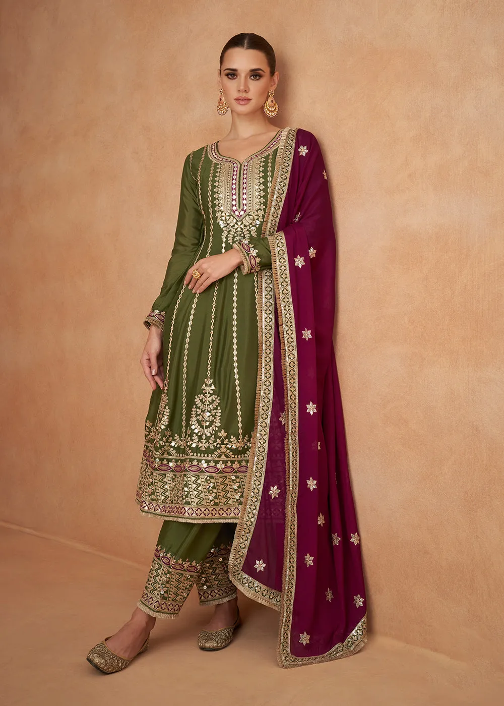 Premium Chinnon Mehndi Green Punjabi Style Salwar Suit