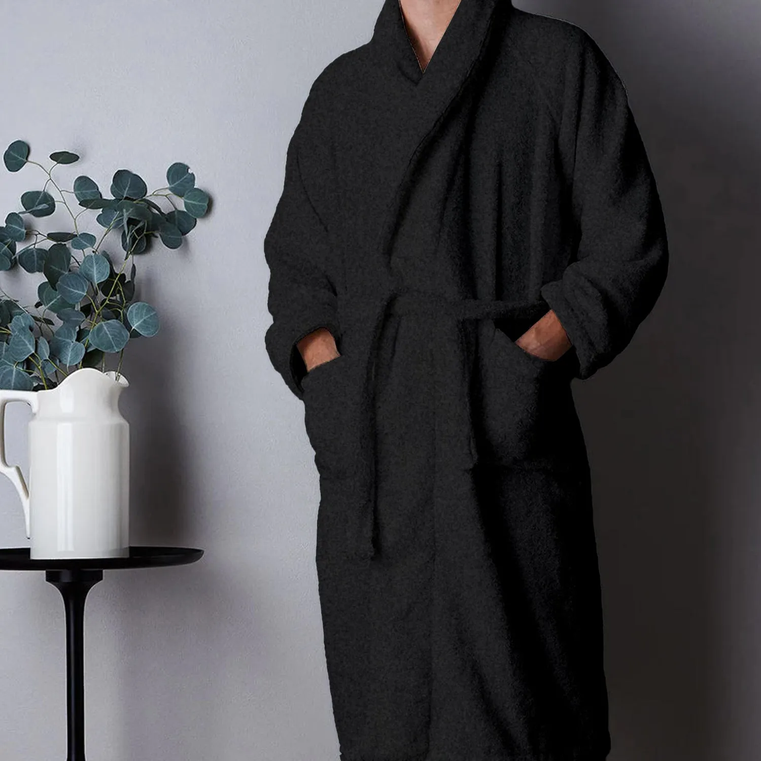 Premium Cotton Black Terry Bathrobe with Pockets Suitable for Men and Women, Soft & Warm Terry Home Bathrobe, Sleepwear Loungewear, One Size Fits All