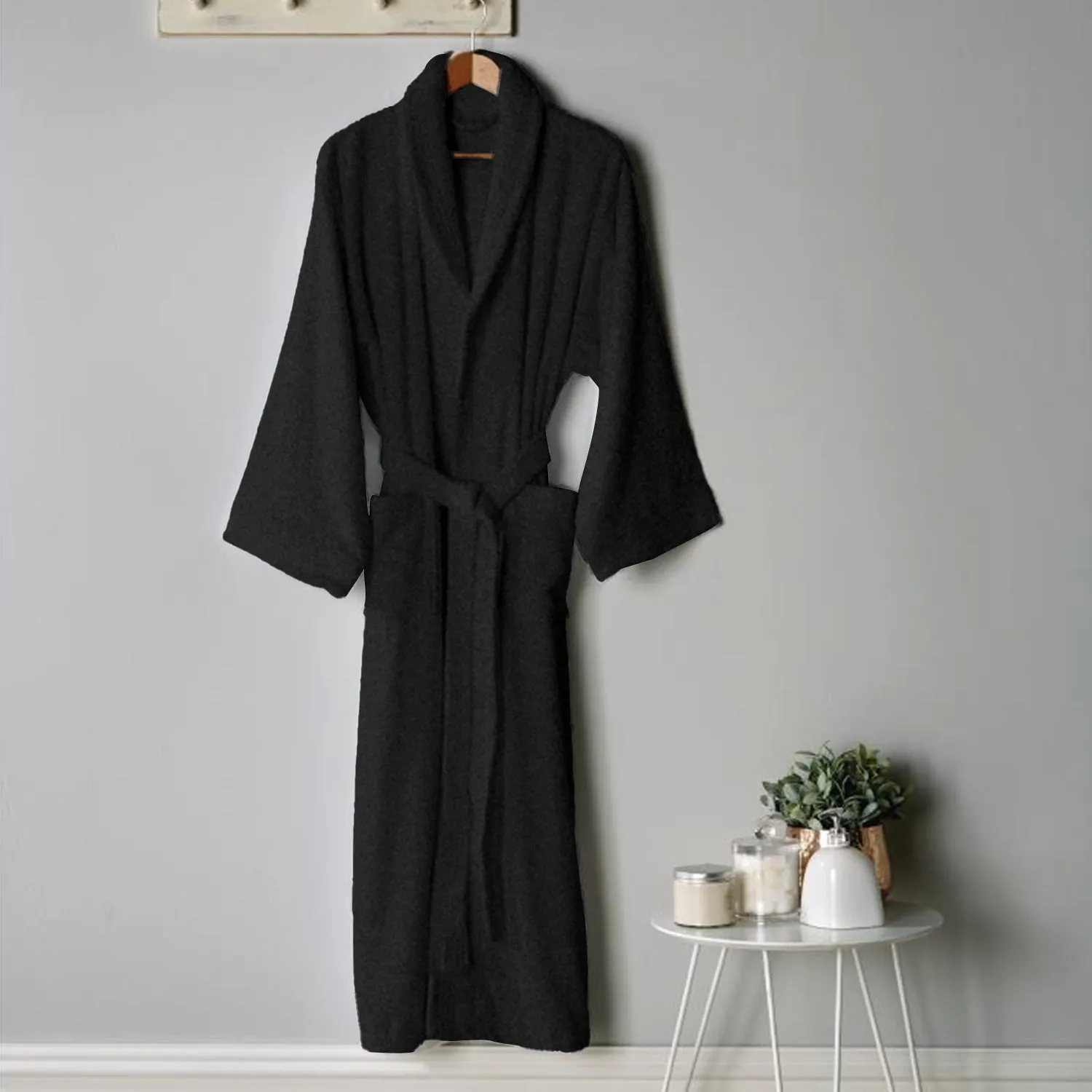 Premium Cotton Black Terry Bathrobe with Pockets Suitable for Men and Women, Soft & Warm Terry Home Bathrobe, Sleepwear Loungewear, One Size Fits All