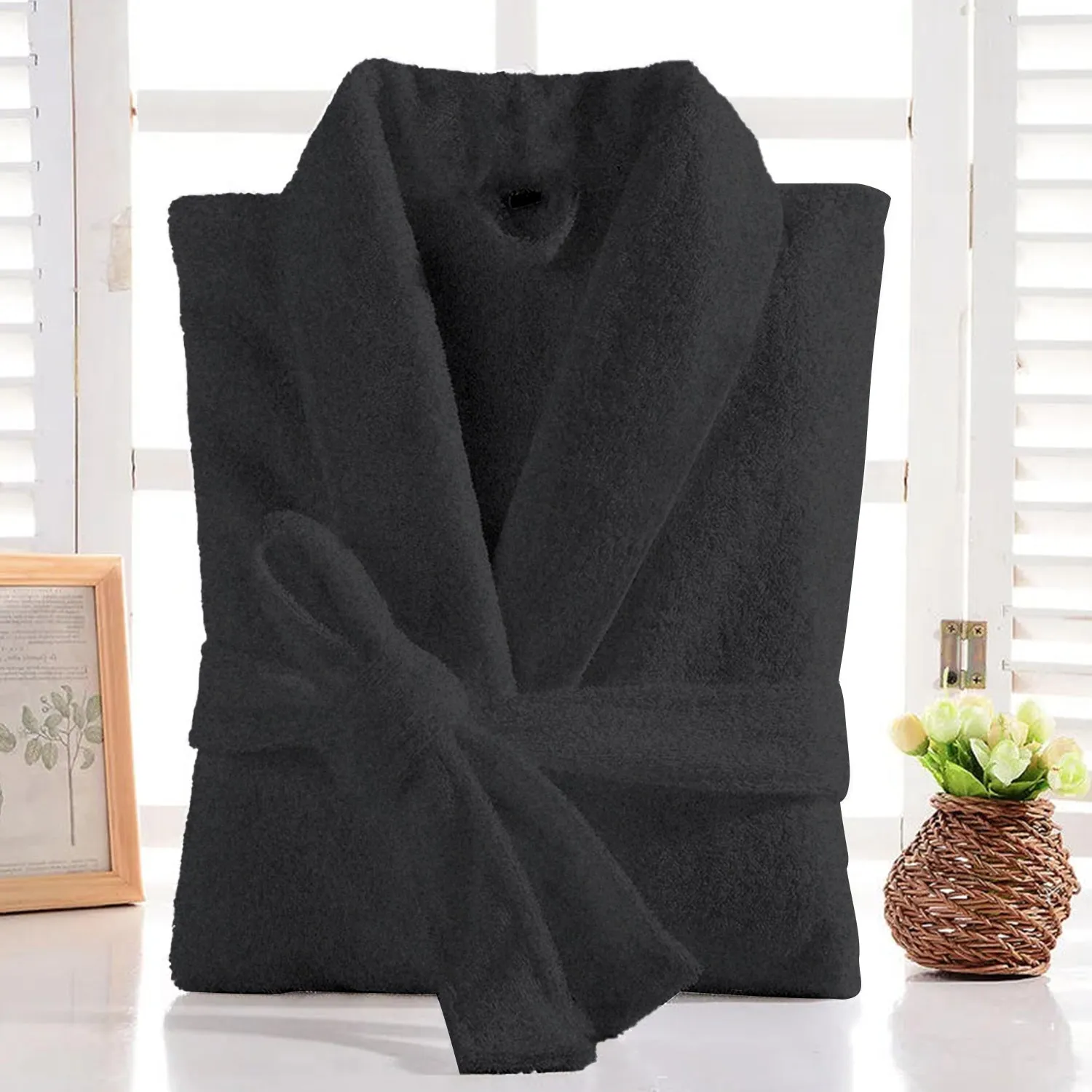 Premium Cotton Black Terry Bathrobe with Pockets Suitable for Men and Women, Soft & Warm Terry Home Bathrobe, Sleepwear Loungewear, One Size Fits All