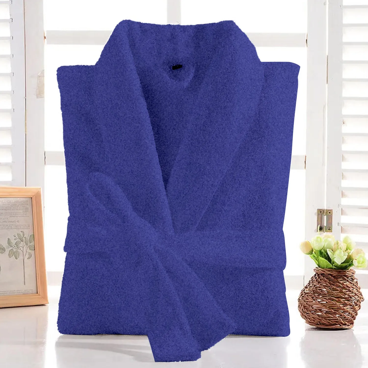 Premium Cotton Blue Terry Bathrobe with Pockets Suitable for Men and Women, Soft & Warm Terry Home Bathrobe, Sleepwear Loungewear, One Size Fits All