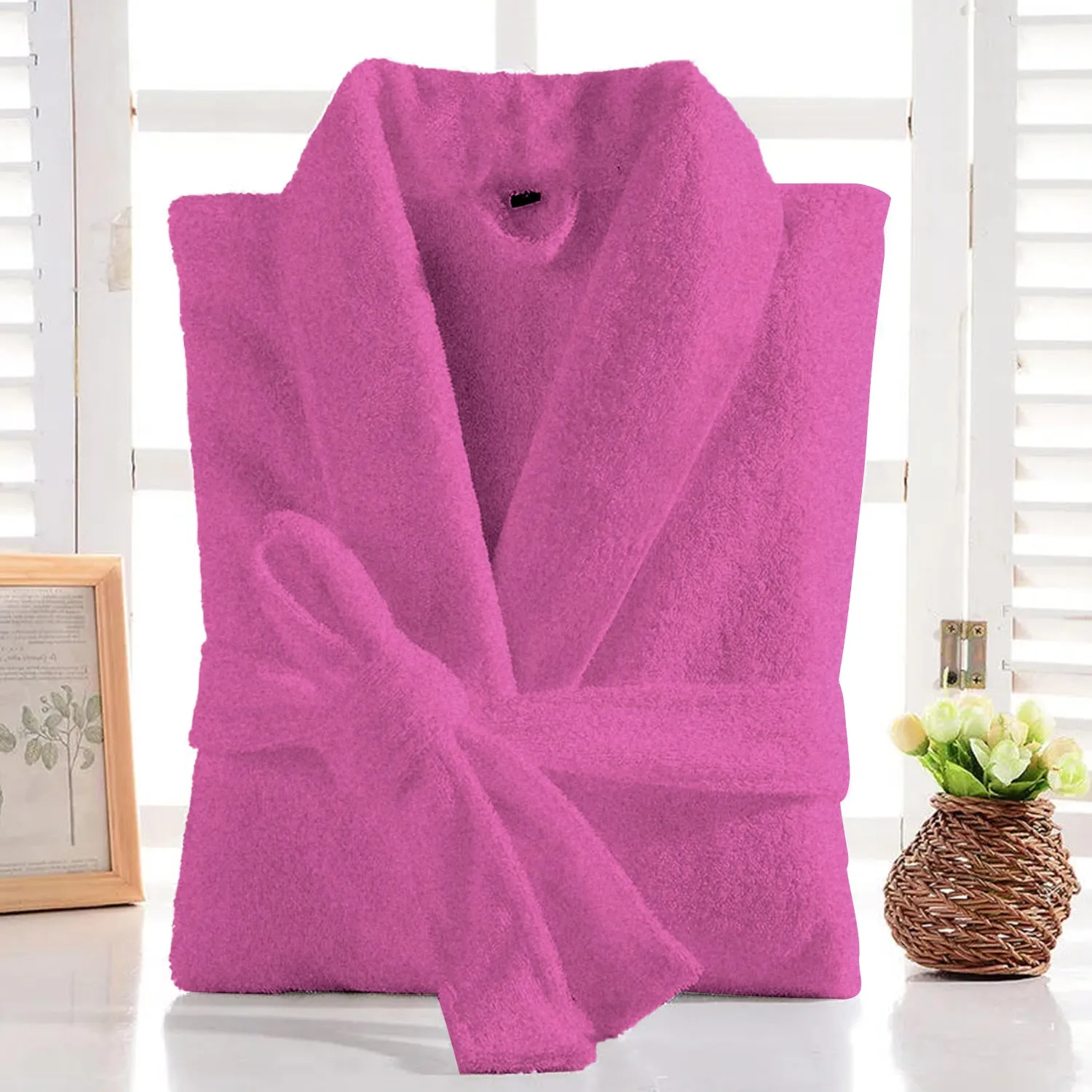 Premium Cotton Hot Pink Terry Bathrobe with Pockets Suitable for Men and Women, Soft & Warm Terry Home Bathrobe, Sleepwear Loungewear, One Size Fits All