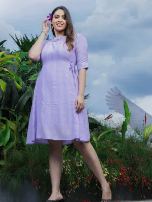 Premium Fancy Neck Polyester Floral Dress Lilac