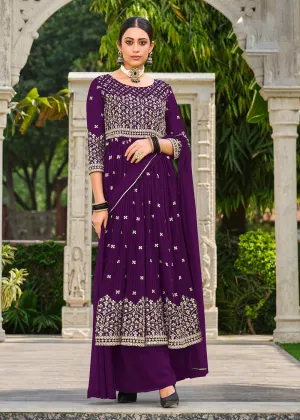 Premium Georgette Purple Sequins & Crushed Wedding Festive Palazzo Suit