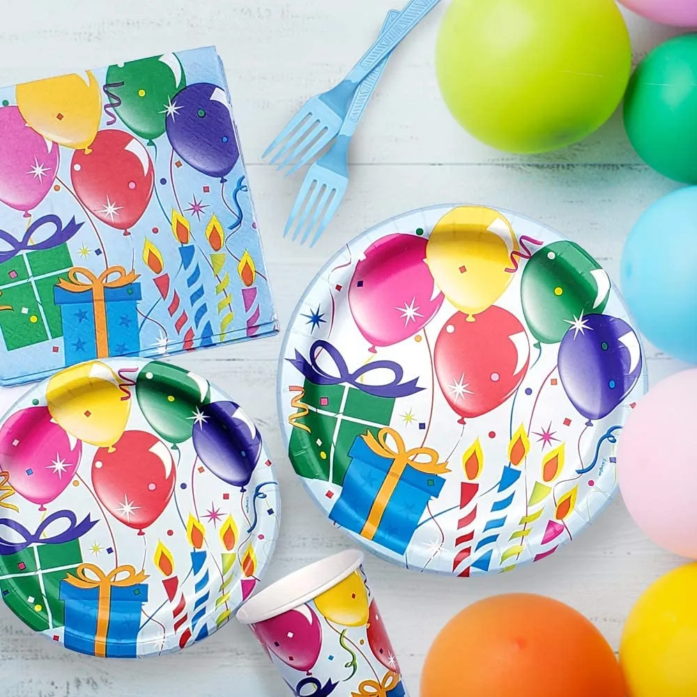 Premium Heavy Weight Paper Birthday Balloons Tableware<br/>Size Options: 9inch Plate, 7inch Plate, Lunch Napkin, 9oz Cup and 54inchx96inch Tablecover