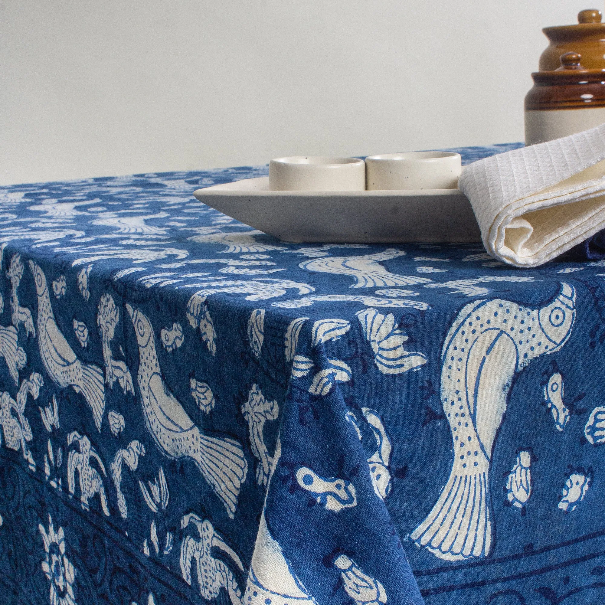 Premium Indigo Blue Bird Printed Soft Cotton Table Cover