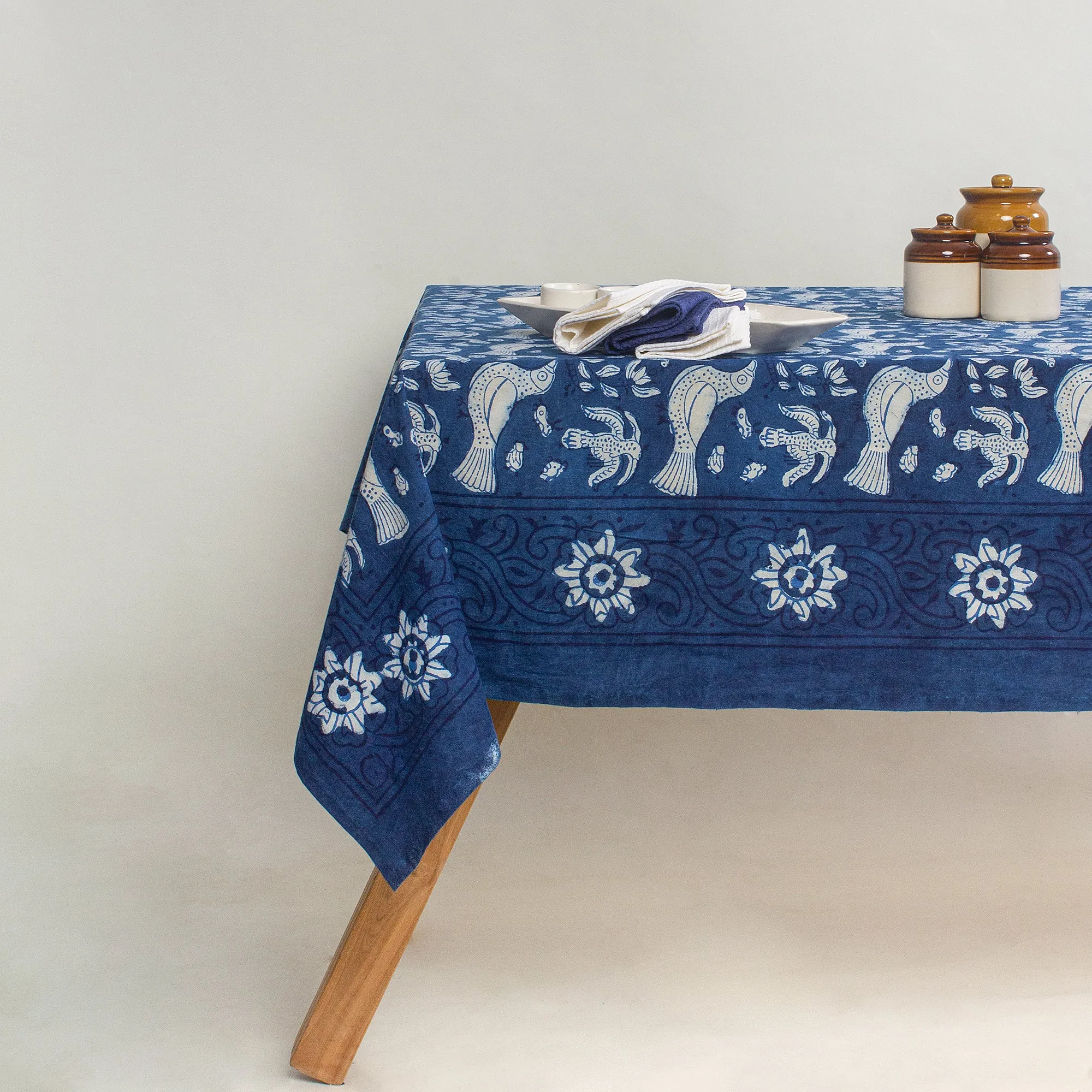 Premium Indigo Blue Bird Printed Soft Cotton Table Cover