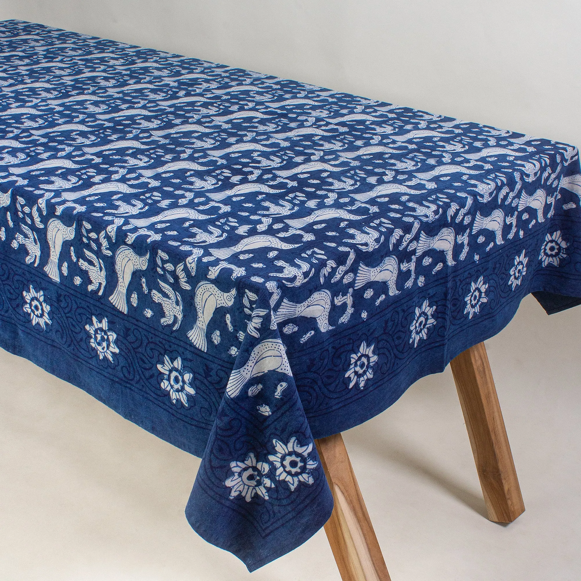 Premium Indigo Blue Bird Printed Soft Cotton Table Cover