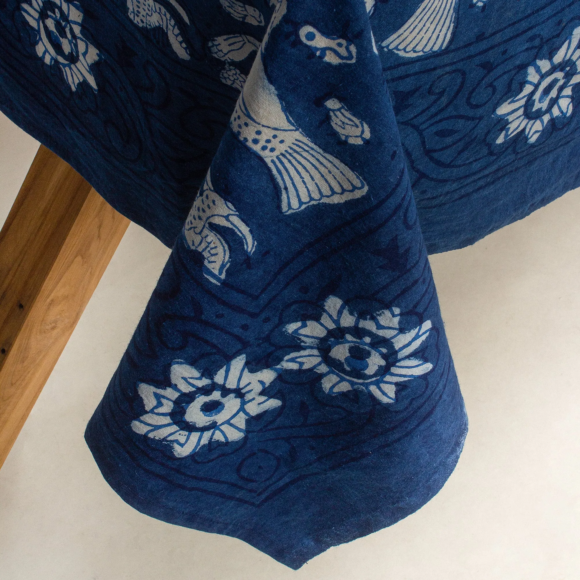 Premium Indigo Blue Bird Printed Soft Cotton Table Cover