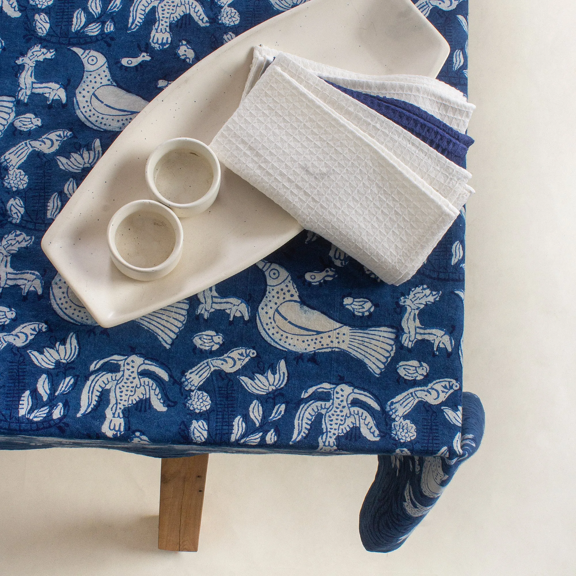 Premium Indigo Blue Bird Printed Soft Cotton Table Cover