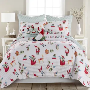 premium Merry & Bright by  - Gnome for the Holidays Quilt - Full/Queen - Christmas Gnomes - Red, Green and White - Quilt (86x86in.) - Reversible - Microfiber White Merry Christmas Pillow 12x16