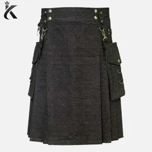 Premium Scottish Black Denim Utility Kilt For Men - Scottish Tradition