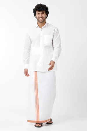 Premium -  White Shirt And Tallent Fancy Small Border Single Dhoti Set For Men | Uathayam