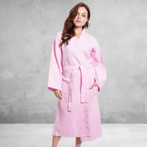 Premium Women's Long Waffle Bathrobe, Kimono Style, Luxury Cotton Turkish Robe Poly blend (Pink)