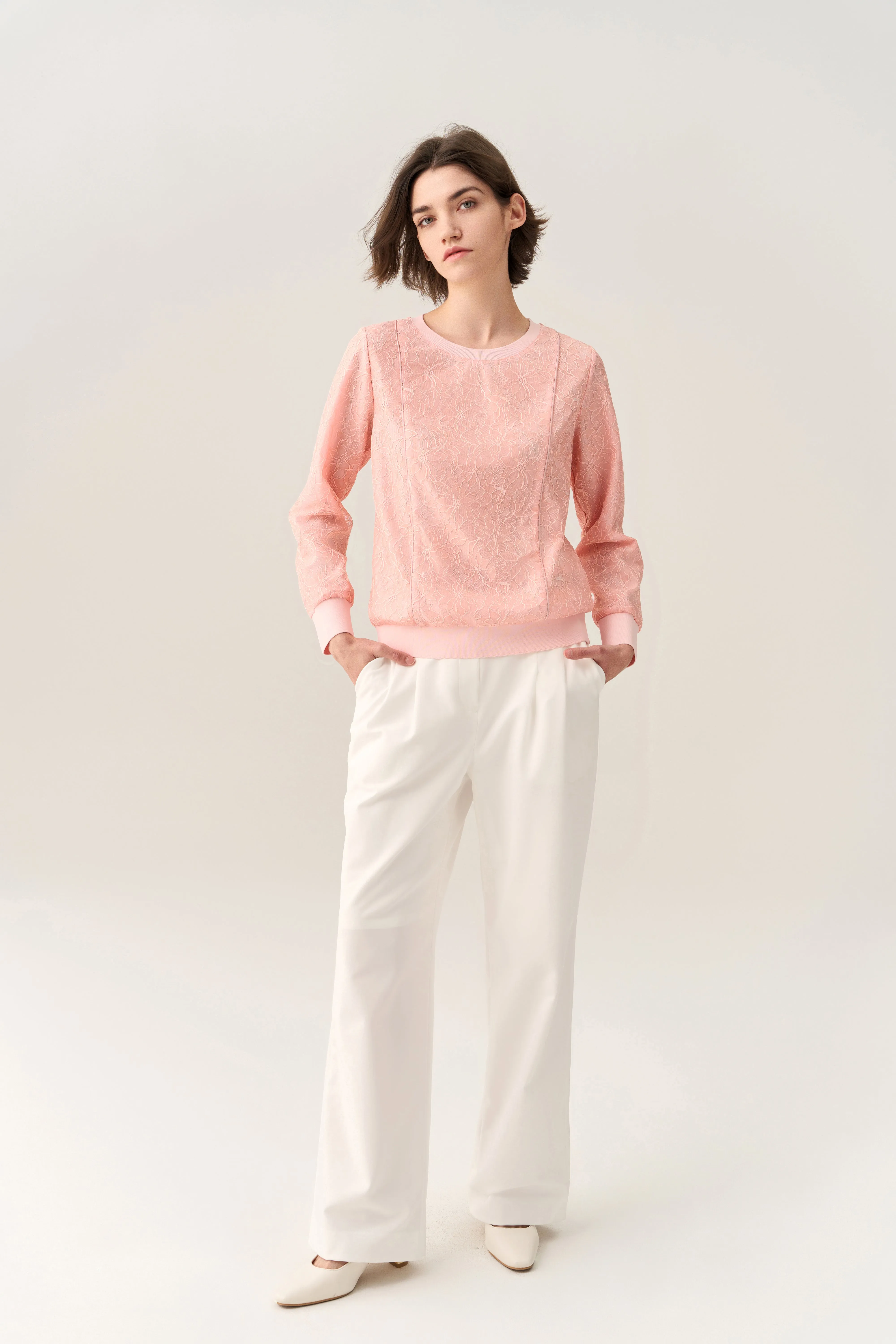 Pressed-crease Ribbed-hem Lace Sweatshirt