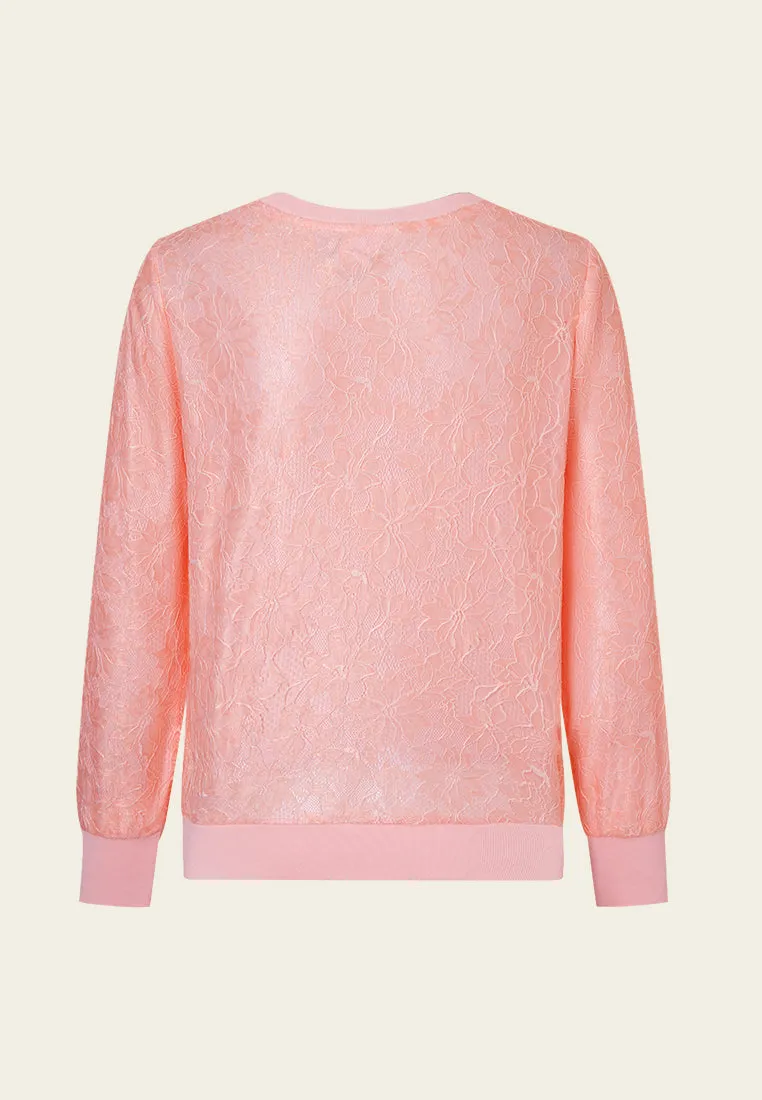 Pressed-crease Ribbed-hem Lace Sweatshirt