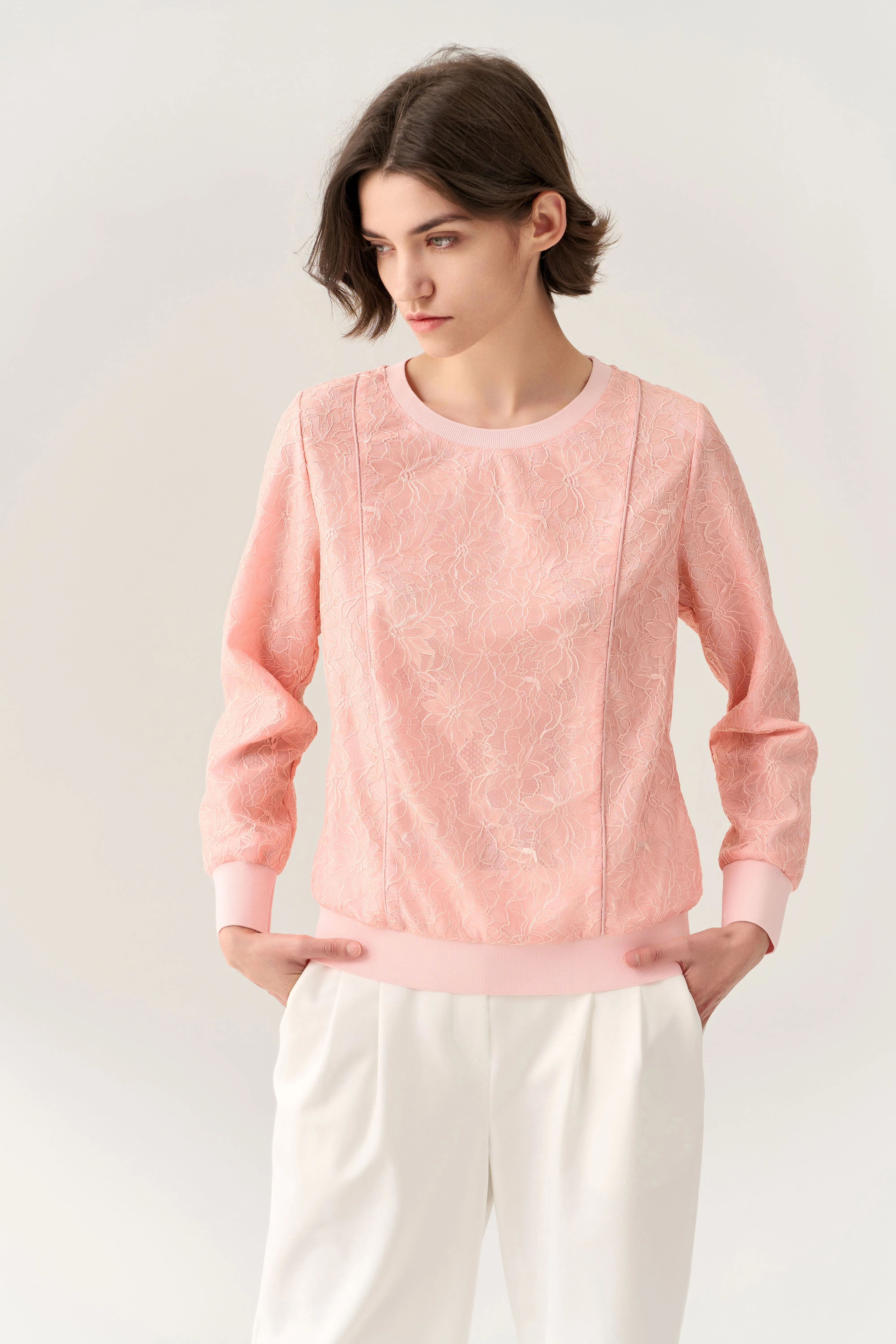 Pressed-crease Ribbed-hem Lace Sweatshirt