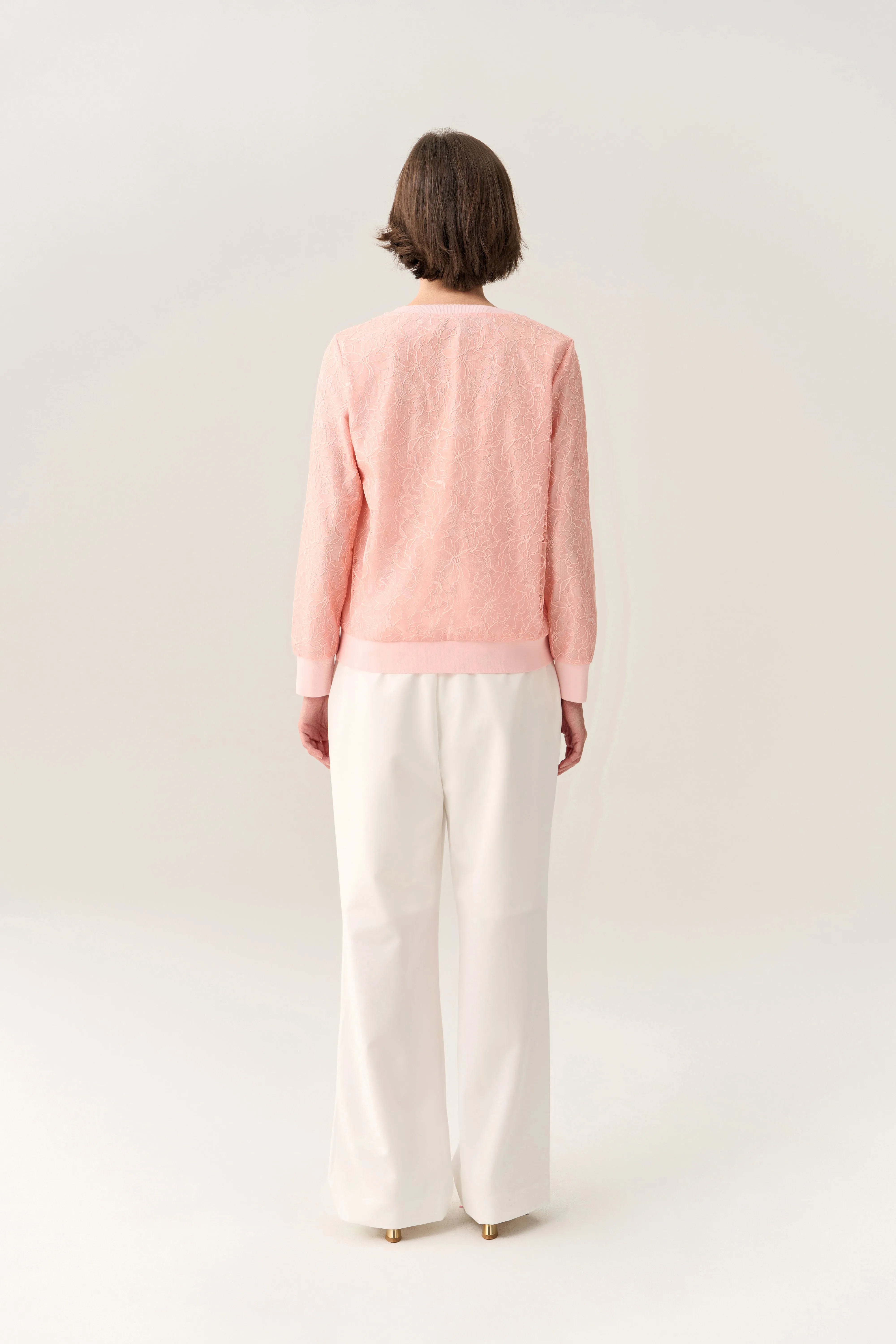 Pressed-crease Ribbed-hem Lace Sweatshirt