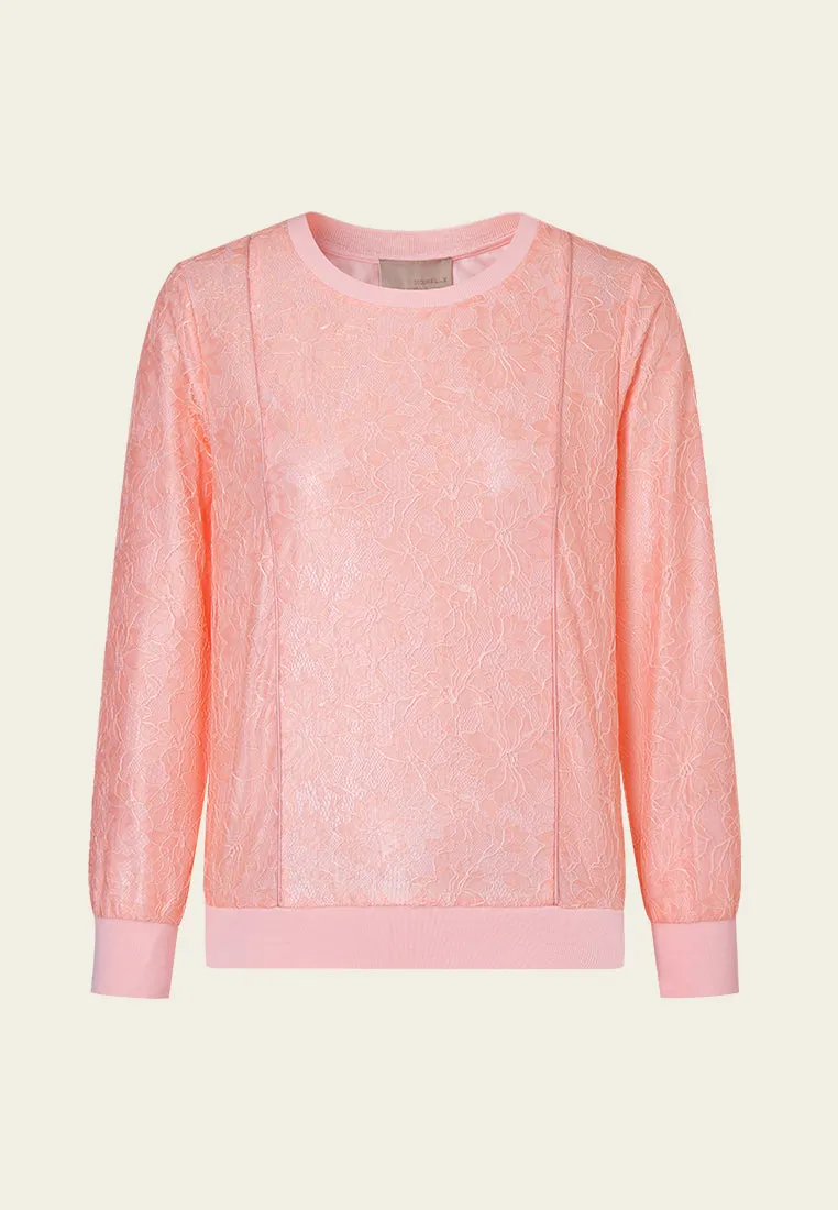 Pressed-crease Ribbed-hem Lace Sweatshirt